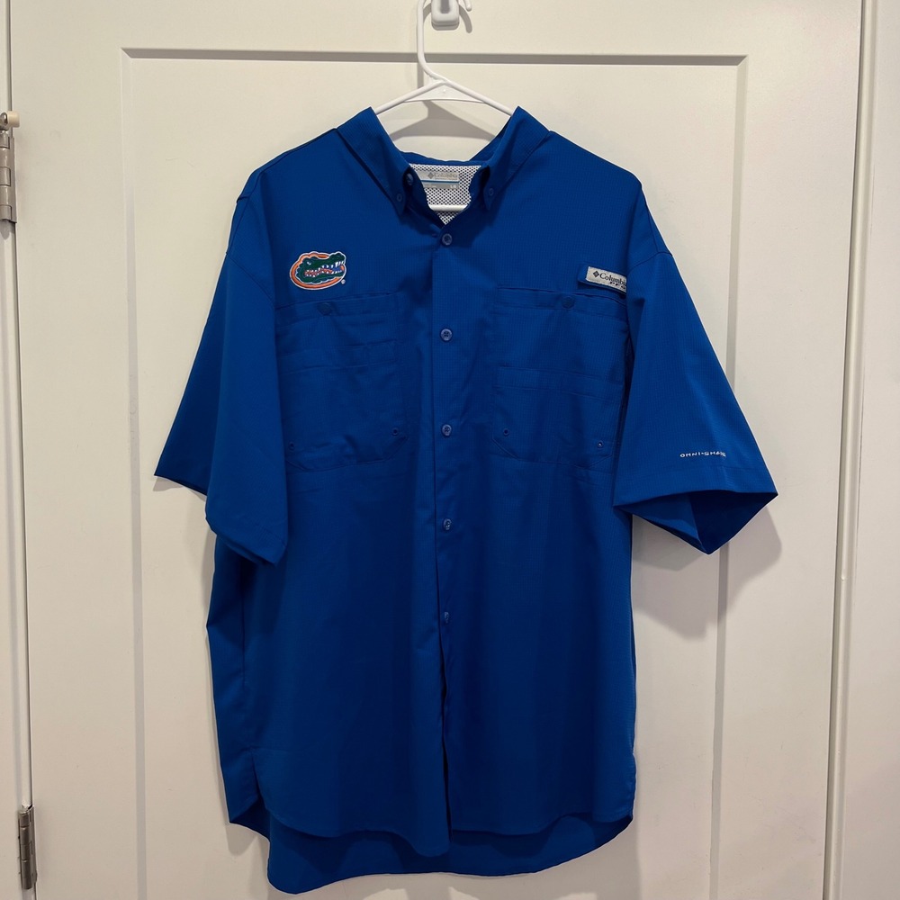 Columbia PFG Florida Gators Shirt Mens L Blue Fishing Button Down Short‎ Sleev